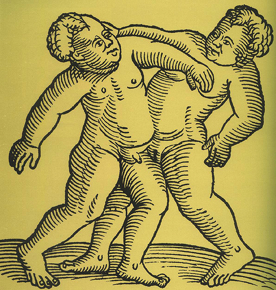 Hermafroditas, grabado tomado del libro "Monstruos y prodigios" de Ambroise Paré