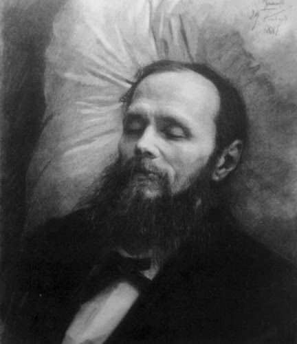 Fiódor Dostoyevski en su féretro, dibujo de Iván Kramskói.