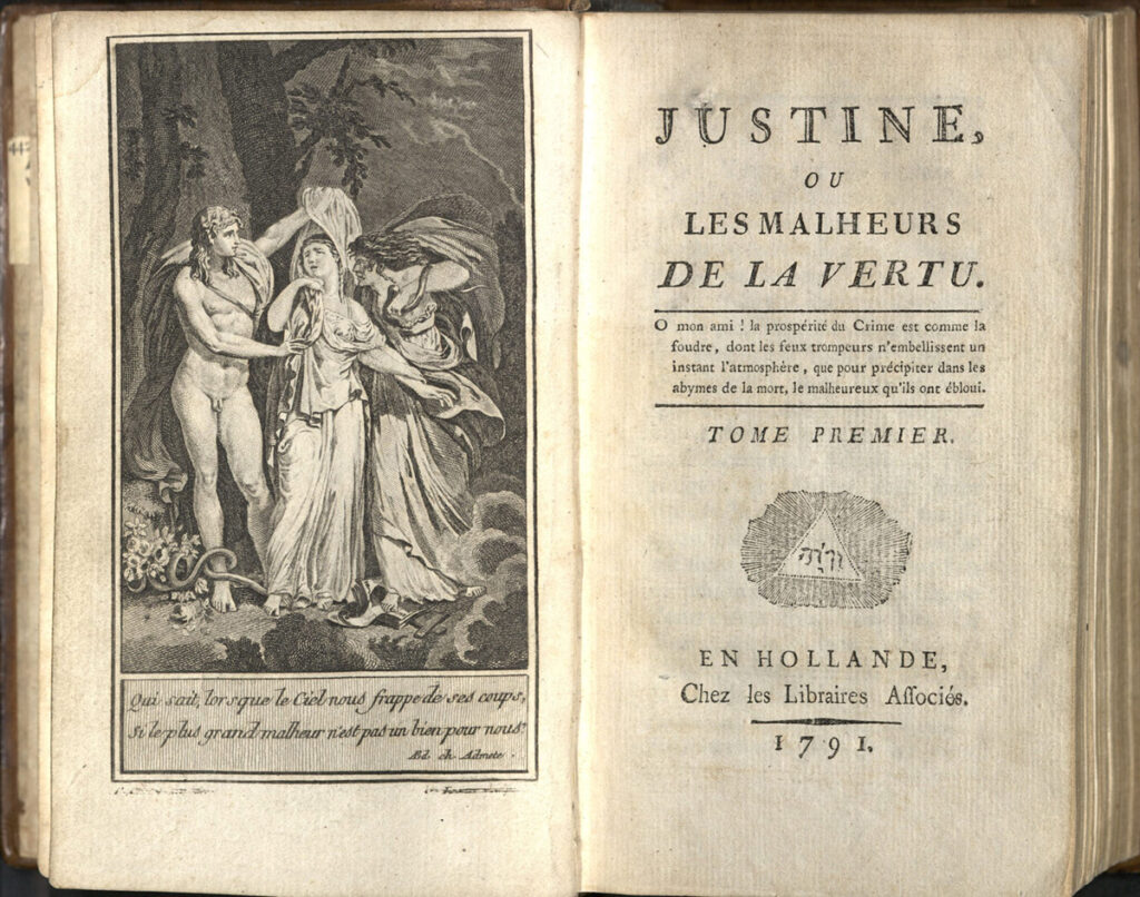 Interior de la primera edición de Justine, del Marqués de Sade
