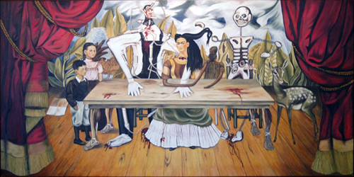 La mesa herida de Frida Kahlo. 1940. Óleo sobre madera. 122 × 244 cm