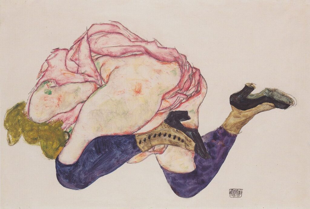 Arrodillada con la cabeza inclinada hacia abajo de Egon Schiele 1915