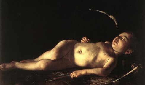 Cupido durmiendo por Caravaggio. Óleo sobre lienzo. 71 cm × 108 cm. Circa 1608.