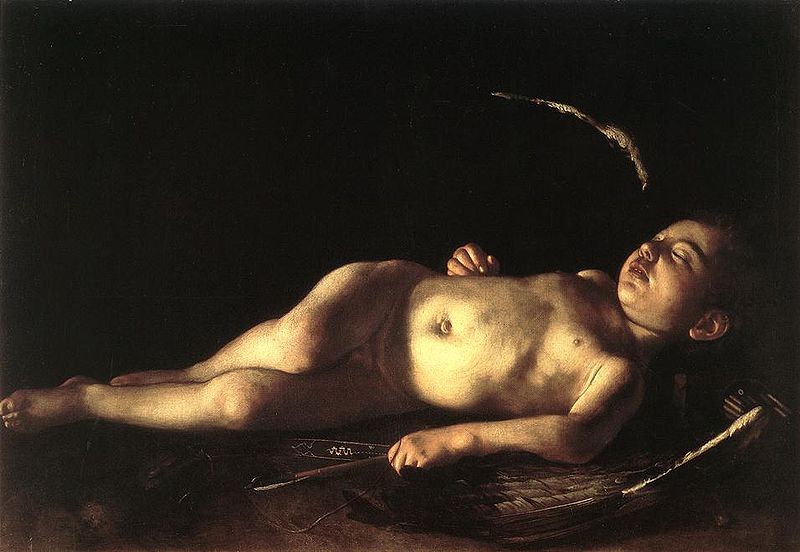 Cupido durmiendo por Caravaggio. Óleo sobre lienzo. 71 cm × 108 cm. Circa 1608.