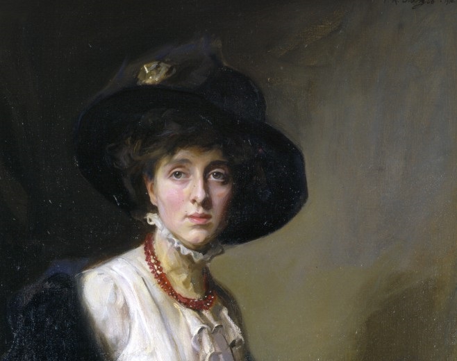 Detalle de La Honorable Victoria 'Vita' Sackville-West, por Philip de László. (1910). Óleo sobre lienzo. 106, 7 cm x 91, 4 cm.