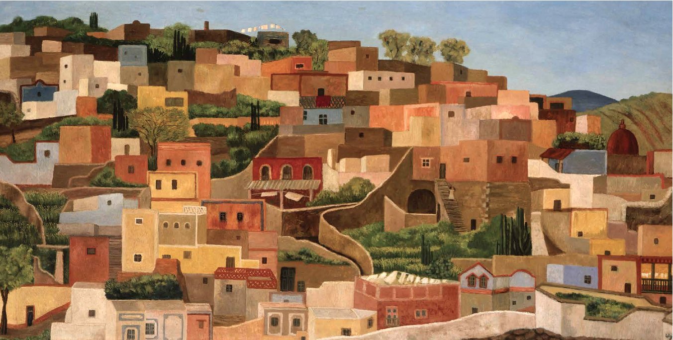 Caserío de Olga Costa. Óleo sobre masonite. 59 x 117 cm. 1955.