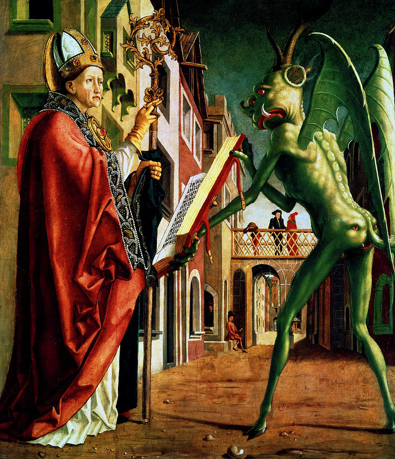 El diablo sosteniendo el libro de los vicios a San Agustín de Michael Pacher