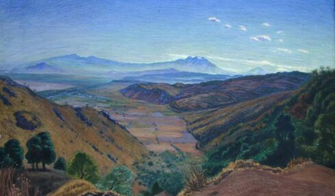 Valle de México desde la carretera de Cuernavaca, del Dr. Atl. Óleo sobre tela. 110 cm x 145 cm. 1955.