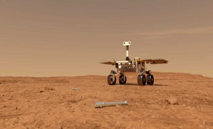 Rover de la misión Perseverance de la NASA. Ilustración tomada de la web de la NASA: https://mars.nasa.gov/resources/24761/fetch-rover-approaching-sample-tubes-artists-concept/