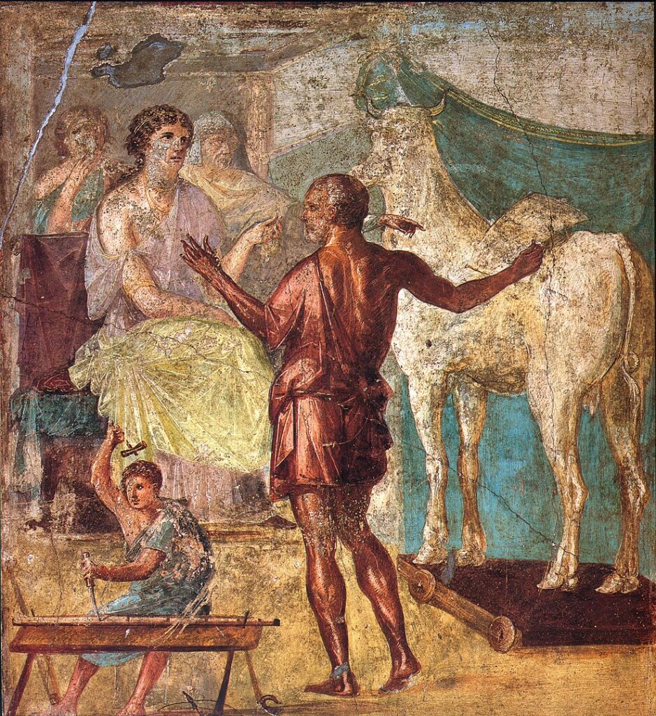 Dédalo presenta la vaca artificial a Pasífae. Fresco romano de la casa de los Vettii (Pompeya), siglo I.
