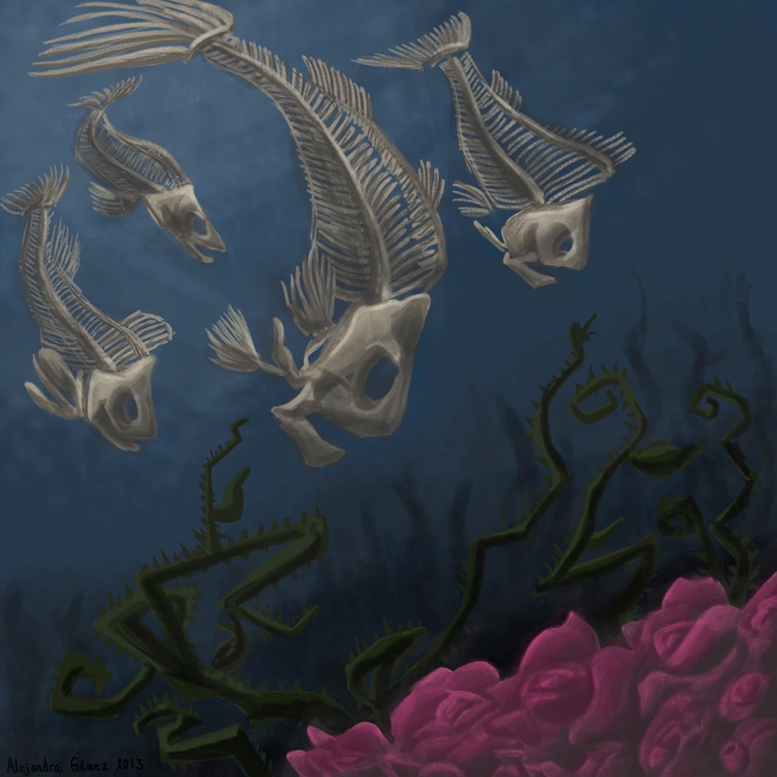 Ilustración para El pantano de los Peces Esqueleto de Alejandra Elena Gámez. Imagen tomada de la cuenta de FB de Édgar Omar Avilés
