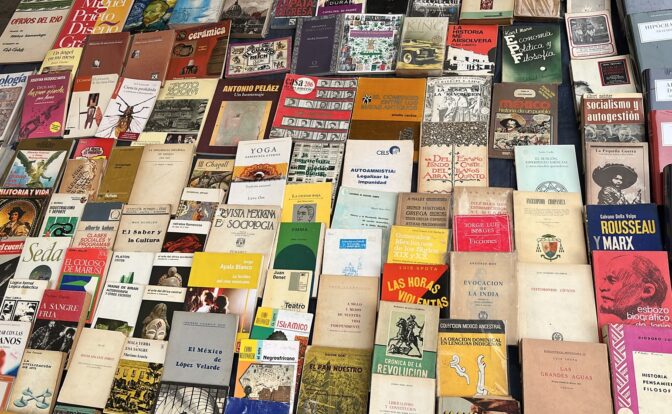 Libros en el jardín de San Fernando CDMX. Foto de Óscar Alarcón