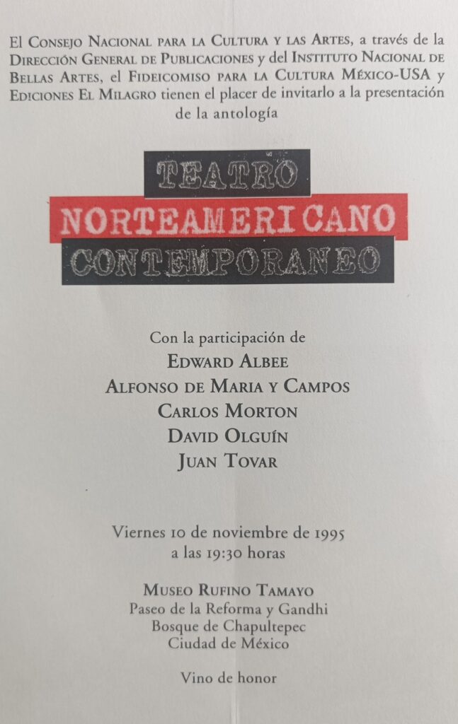 Flyer publicitario de la presentación de la Antología Teatro norteamericano contemporáneo
