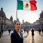 Claudia Sheinbaum sonriendo en el zöcalo de la Ciudad de México. Imagen generada con IA
