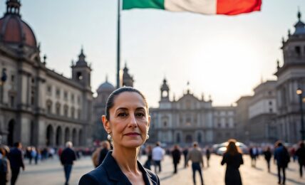 Claudia Sheinbaum sonriendo en el zöcalo de la Ciudad de México. Imagen generada con IA
