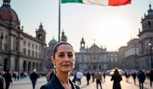 Claudia Sheinbaum sonriendo en el zöcalo de la Ciudad de México. Imagen generada con IA