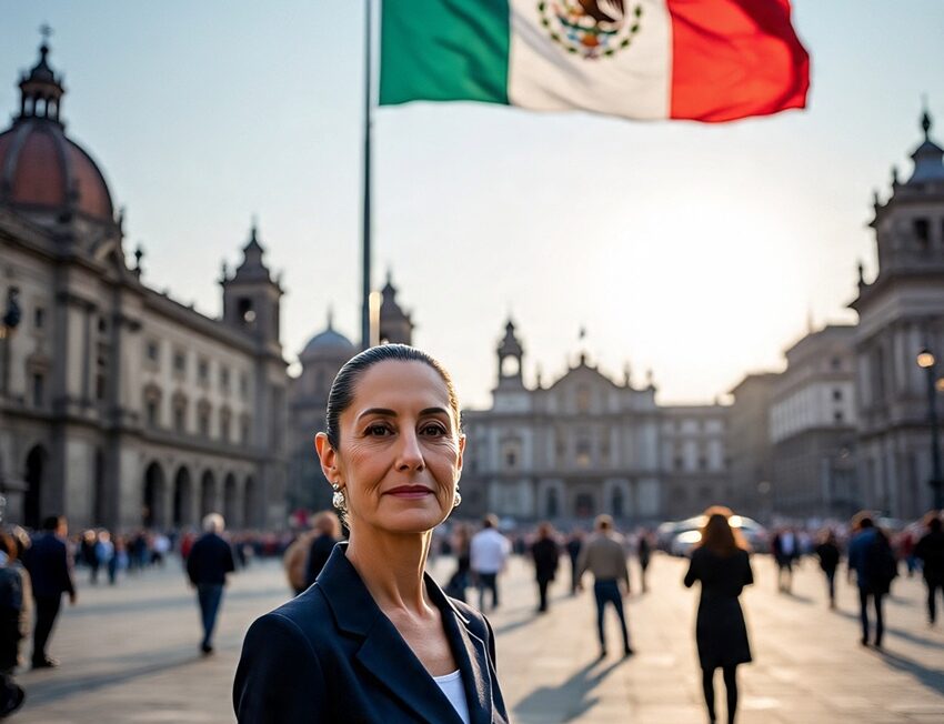 Claudia Sheinbaum sonriendo en el zöcalo de la Ciudad de México. Imagen generada con IA