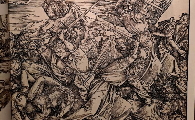 Fragmento de una impresión de Los cuatro ángeles vengadores de Alberto Durero. Fotografía de Mirna Coreliel