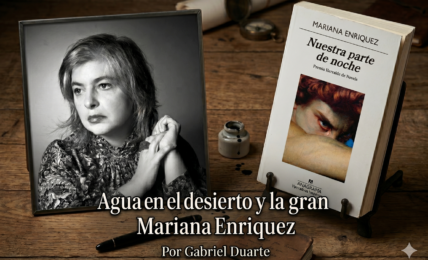Imagen generada con la Inteligencia Artificial Gemini a partir de la fotografía de Mariana Enriquez y la portada de su libro Nuestra parte de noche