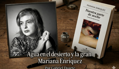Imagen generada con la Inteligencia Artificial Gemini a partir de la fotografía de Mariana Enriquez y la portada de su libro Nuestra parte de noche