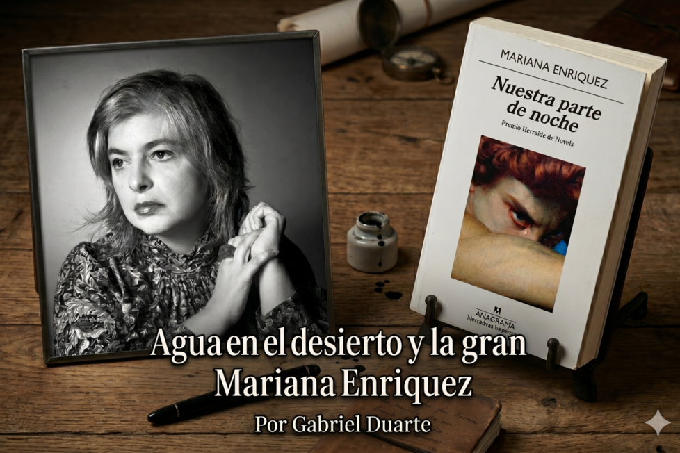 Imagen generada con la Inteligencia Artificial Gemini a partir de la fotografía de Mariana Enriquez y la portada de su libro Nuestra parte de noche